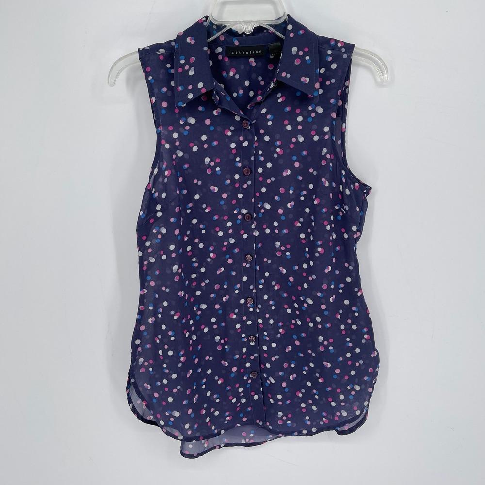 Attention Women's Blue Polka Dot Chiffon Sleeveless Button Front Top‎ Size S